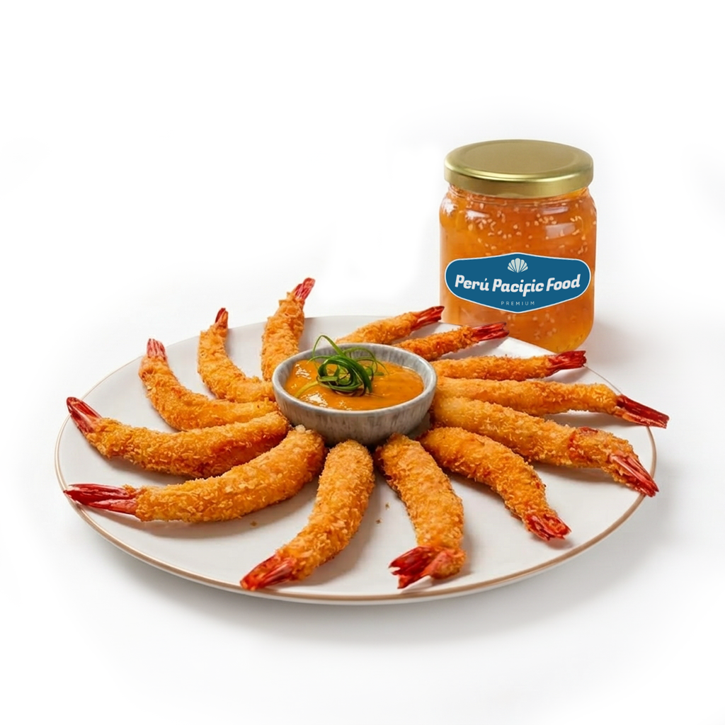 Langostinos al panko con salsa de maracuyá (30 und)